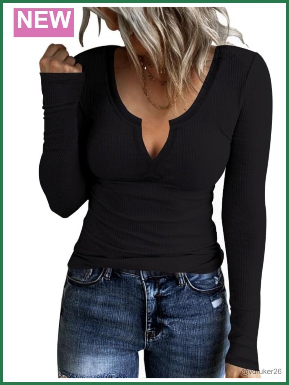 Women's Ribbed Knit V Neck Long Sleeve Tunic Blouse